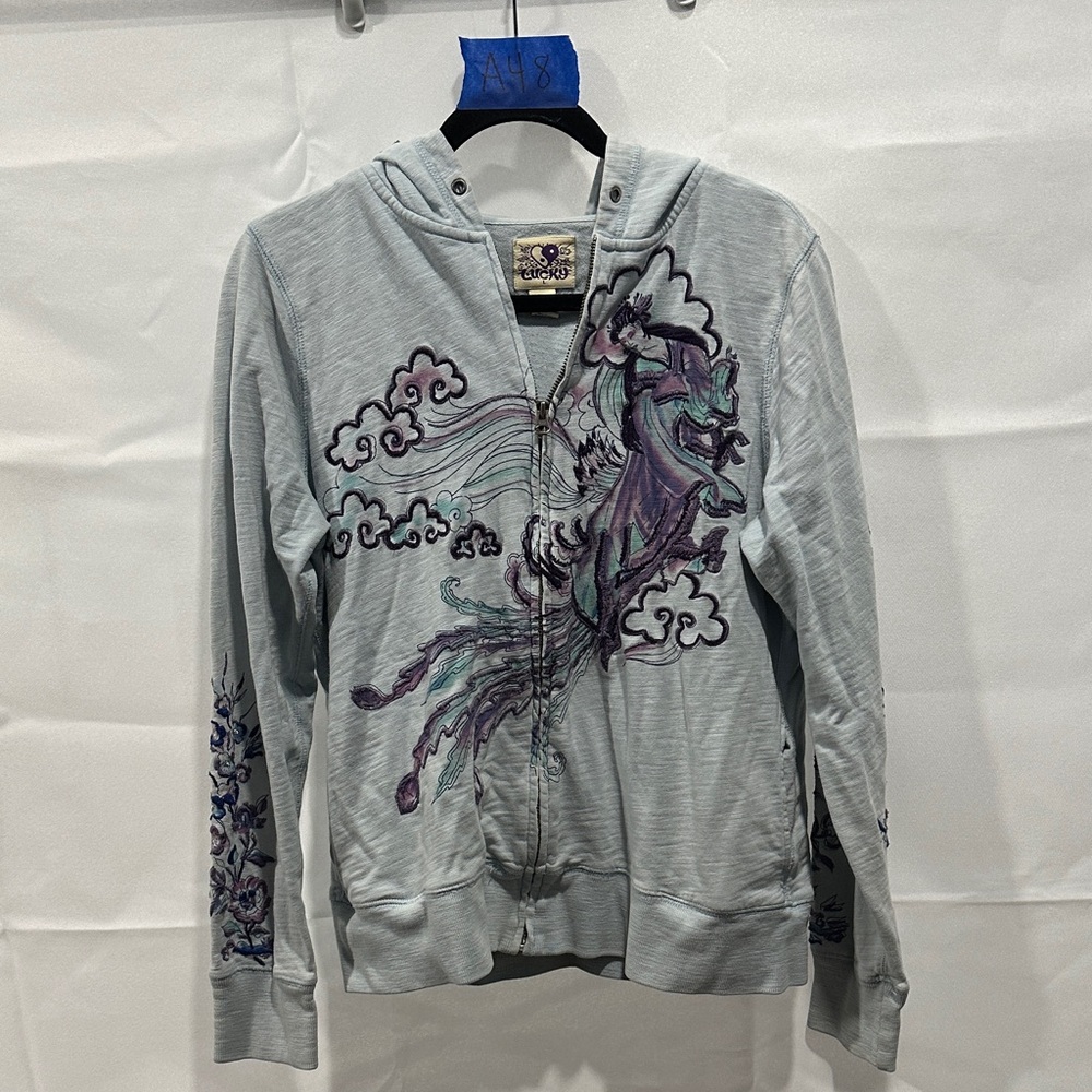 Lucky Brand Light Blue Hoodie with Purple & Teal Embroidery